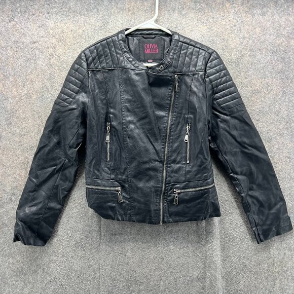 Olivia Miller Jacket Womens Small Black Faux Leather Moto Biker Zip Pockets - Picture 1 of 10
